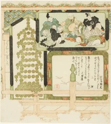 Nr. 7: Votivbilder von sechs unsterblichen Dichtern, fliegende Gänse und eine Pagode aus Münzen, aus der Serie "Sieben Bilder für die Hisakataya (Hisakataya shichiban no uchi)"