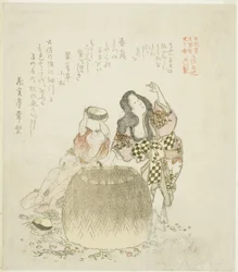 Frau und zwei Jungen sammeln Abalone, aus der Serie "Das Tosa-Tagebuch (Tosa nikki)"