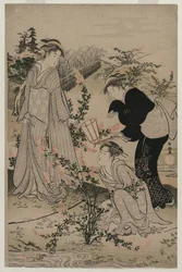 Frauen schneiden Zweige von Buschkleeblättern; Der Noji Tama Fluss in der Provinz Omi, aus einer unbetitelten Serie der sechs Tama Flüsse