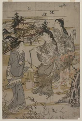 Frauen mit Salzfässern; Der Noda Tama Fluss in der Provinz Mutsu, aus einer unbetitelten Serie der Sechs Tama Flüsse