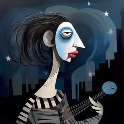 3D Frau Troubadour mit ihrer Gitarre im nächtlichen Mondlicht 3