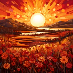 Abstrakte Landschaftskunst mit einem Feld von Wildblumen und einer kräftigen roten Sonne 2