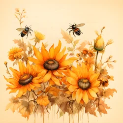 Aquarell Sonnenblumen und Bienen Silhouetten