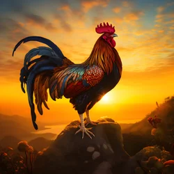 Ein krähender Hahn bei Sonnenaufgang