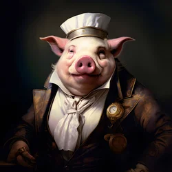 Kalter und herrschsüchtiger anthropomorpher Schweineplantagenbesitzer, stechende Augen, fetter molliger Körper, Zigarre in der Hand, exquisiter schicker südländischer weißer Anzug und Weste, Taschenuhr an einer Kette, Monokel, weißer Filzhut, Nahaufnahme 1