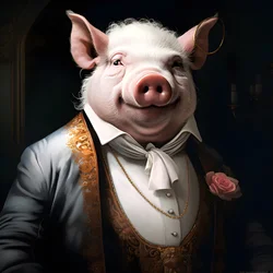 Kalter und herrschsüchtiger anthropomorpher Schweineplantagenbesitzer, stechende Augen, fetter molliger Körper, Zigarre in der Hand, exquisiter schicker südländischer weißer Anzug und Weste, Taschenuhr an einer Kette, Monokel, weißer Filzhut, Nahaufnahme 2