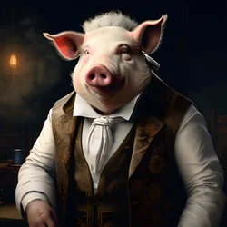 Kalter und herrschsüchtiger anthropomorpher Schweineplantagenbesitzer, stechende Augen, fetter molliger Körper, Zigarre in der Hand, exquisiter schicker südländischer weißer Anzug und Weste, Taschenuhr an einer Kette, Monokel, weißer Filzhut, Nahaufnahme 4
