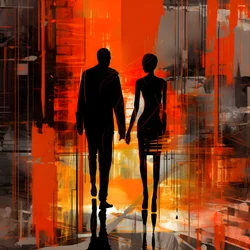 Mann in Rot, Frau in Orange und Schwarz