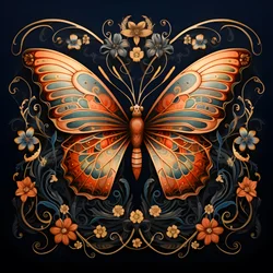 Schmetterling in der Mitte, symmetrisch, mit Blumen im Hintergrund 1