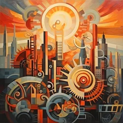 Zahnräder und Werkzeuge abstrakter Sonnenaufgang 1950er 3