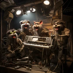 Gruselige, haarige, kaputte Tier-Animatronik, die Musik auf einer Bühne spielt 4