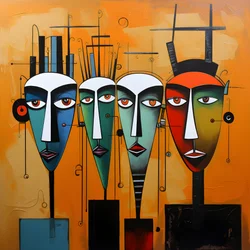 Gemälde einer Gruppe von Köpfen an einer Wand