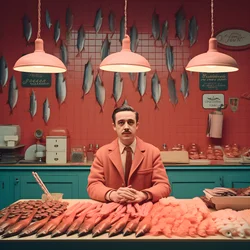 ein surreales Bild eines polnischen Fischhändlers aus den 1950er Jahren