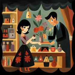 Eine Frau mit kurzen schwarzen Haaren, die einen Ladenbesitzer bezahlt, Schwarzmarkt 4