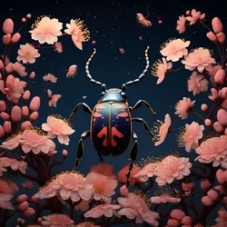 Illustration eines Käfers mit Pilzen im Hintergrund