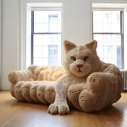 eine riesige gehäkelte Katze in einem realistischen Wohnzimmer