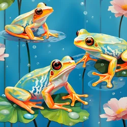 nahtloses Muster eines Gemäldes von hübschen orange und gelb Cartoon Fröschen sitzen auf den Lilien Laub auf dem Wasser regen aus Aquarell