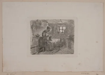 Bauernstube mit strickender Frau