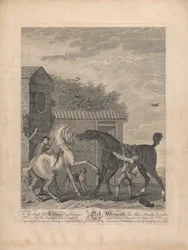 Eine Folge von sieben unbetitelten Blättern, jeweils gewidmet: Dem sehr ehrenwerten Thomas, Lord Viscount Weymouth ... nach dem Originalgemälde in Longleat Hall. [Zwei Pferde stehen unruhig vor einem Stall ...]
