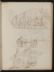 Ein Garten- und Wäscheszene mit weiblichen Figuren mit der Aufschrift Genuesischer Brunnen, und eine Studie von vier Figuren mit der Aufschrift Manentis Familie beim Abendessen