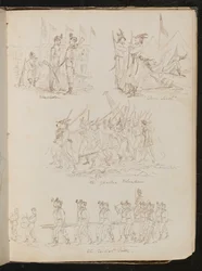 Vier Bataillonszenen mit der Inschrift "Wimbledon", "Down South", "The Yankee Volunteers", "The British Ditto" mit verschiedenen Soldatentypen