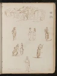 Studie einer Landschaft mit Bäumen und Ruinenbögen beschriftet "In der Nähe von Frejus", sechs Studien von Figuren beschriftet "Provenzalische Bauern"