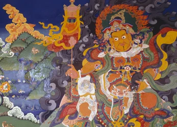 Fresko, das bunte Gottheiten darstellt, Lamayuru-Buddhistisches Kloster (Lamayuru Gompa), Himalaya, Ladakh-Distrikt, Bundesstaat Jammu und Kashmir, Indien
