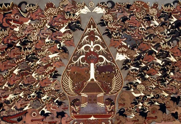 Malerei im Wayang-Beber-Stil, inspiriert vom Schattentheater (Wayang Kulit), Mangkunegaran-Palast, Surakarta, Java, Indonesien
