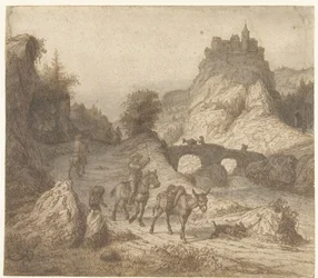 Berglandschaft mit Schloss und Figuren