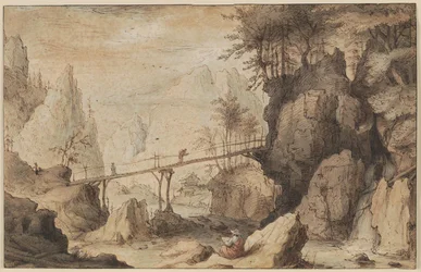Zeichner auf einem Stein vor einer Brücke