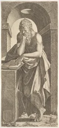 St. Simon vor einem offenen Buch mit den Fingern seiner linken Hand darauf