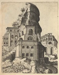 Vertikale Landschaft mit den Ruinen des Tempels von Venus und Roma, aus der Serie 
