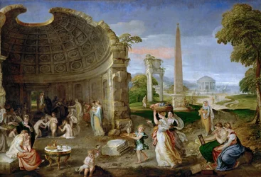 Landschaft mit antiken Ruinen und badenden Frauen