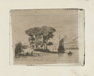 Flusslandschaft mit Segelboot und Bäumen