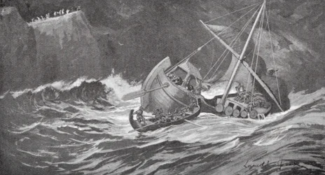 Das Holzschiff geriet in einen Sturm und die Mönche eilten ihm in kleinen Booten zu Hilfe