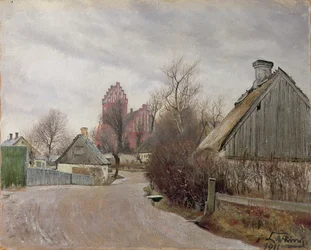 Straße in Hoje Taastrup (Landstraße mit Hütten und einer hohen Kirche) 1911