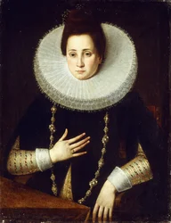 Porträt einer Dame, halbfigur, in einem schwarzen Kostüm mit weißem Kragen