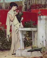Frau mit einer Vase voller Blumen