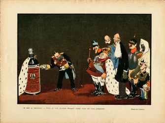 Illustration von Leal de Camara in Le Rire, 25/12/09 - Belgien, Europa, Portugal, Österreich, Alkohol, Alkoholismus, Protokoll - Wilhelm II, Leopold II, Edward VII, Alfons XIII, Franz Joseph I. von Österreich, Sultan