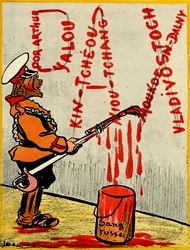 Russischer Zar malt das Wort Pax oder Frieden, bestehend aus den Namen verlorener Schlachten mit russischem Blut. 1904