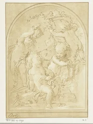 Fünf Putti mit Blumen und Girlanden bei einer Vase
