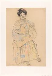 Sitzende Frau in japanischer Kleidung