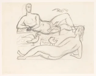 Nackter Mann und Frau an der Küste, umgeben von Möwen