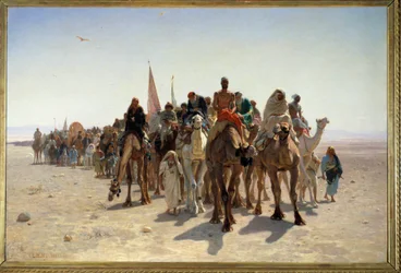 Pilger auf dem Weg nach Mekka. Karawane von Reisenden auf Kamelen in der Wüste. 1861. Maße: 1,6 x 2,4 m. Paris, Musée d