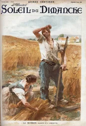 Die Ernte. Bauern mähen den Weizen auf einem Feld. (nach dem Aquarell von L. Lhermitte) Gravur in „Le sun-du-dimanche“, 6. August