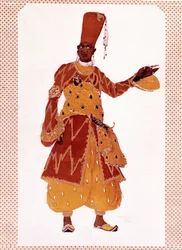 Kostüm des großen Eunuchen, gezeichnet von Lev Samoilovich Rosenberg alias Leon Bakst (1866-1924) für das Ballett „Scheherazade“ komponiert von Nikolai Andrejewitsch Rimski-Korsakow