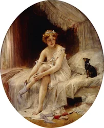 Kleine Frau beim Anziehen ihrer Strümpfe