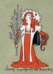 Karikatur von Henriette Rosine Bernard, genannt Sarah Bernhardt, als Portfolio der Schönen Künste - Illustration von Leon Lebegue - Gravur in „Le sun-du-dimanche“