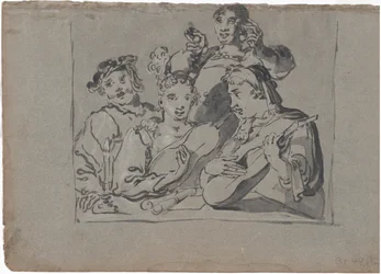 Ein Quartett von Sängern, Lautenspielern und Glockenringern, die in einer Taverne bei Kerzenlicht spielen, 1620-1628