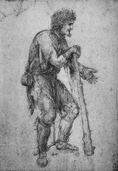 Ein Mann mit einem Knüppel und gefesselten Füßen, ca. 1480